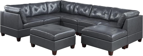 Poundex 8-Piece Leather Upholstered Modular Sectional Sofa Set with 2 Ottomans, Black